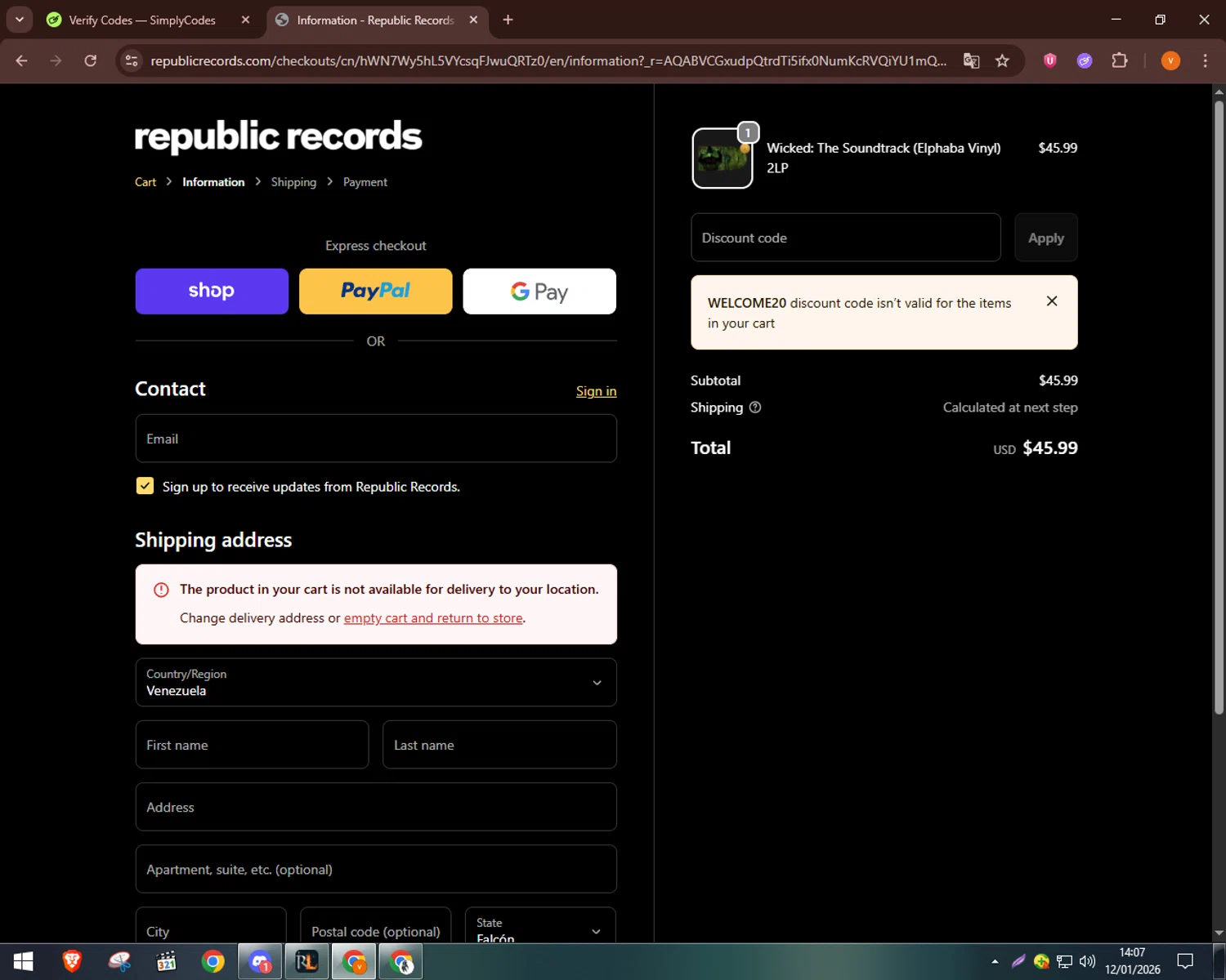 Republic Records discount code screenshot showing code WELCOME20 applied at Republic Records checkout page. Uploaded by SimplyCodes community member bulbasaur69 on Jan 12, 2026