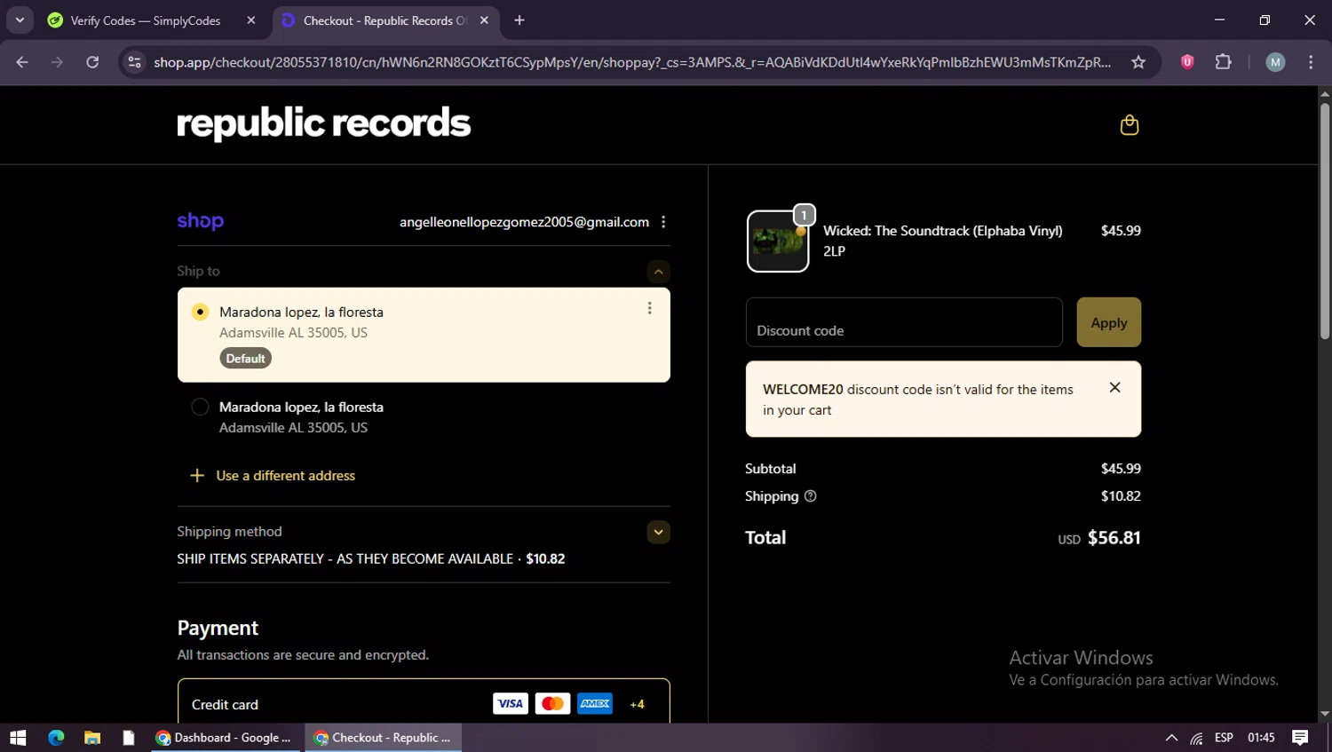 Republic Records discount code screenshot showing code WELCOME20 applied at Republic Records checkout page. Uploaded by SimplyCodes community member maraxo on Dec 24, 2025