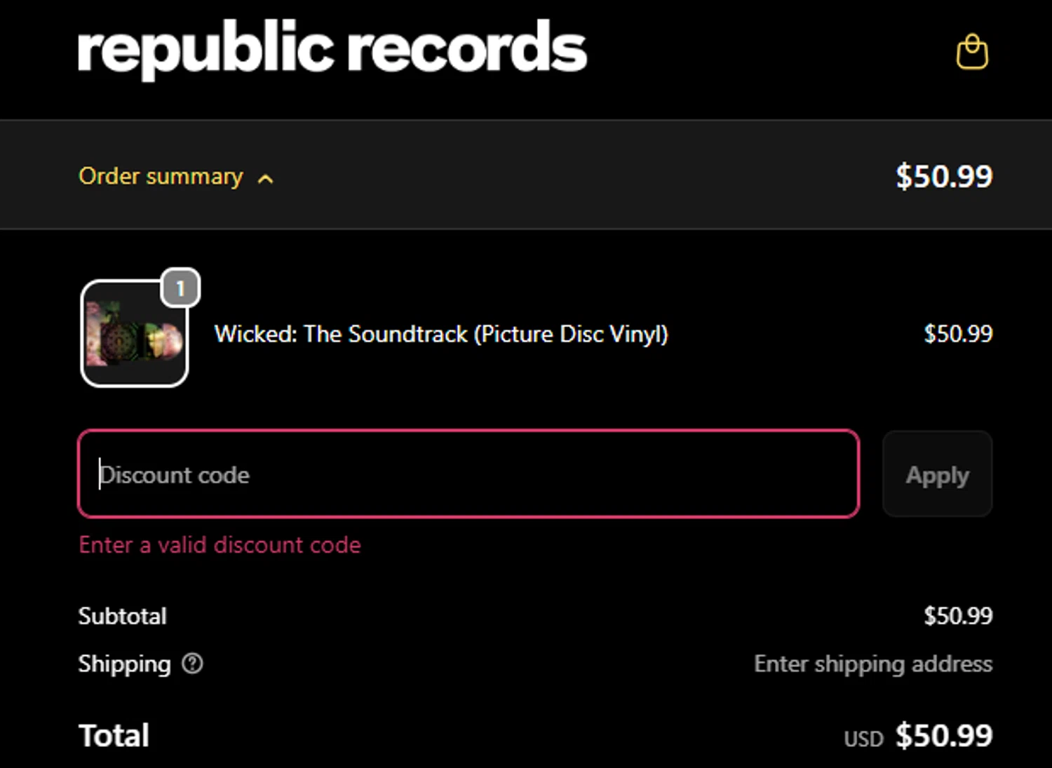 Republic Records discount code screenshot showing code SECRET25 applied at Republic Records checkout page. Uploaded by SimplyCodes community member PrimeMaven3104 on Nov 13, 2025