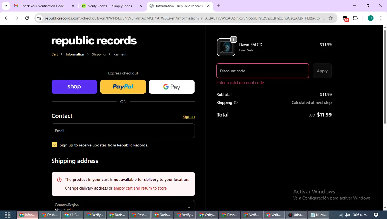 Republic Records discount code screenshot showing code SECRET25 applied at Republic Records checkout page. Uploaded by SimplyCodes community member SavvyCurator1770 on Nov 13, 2025