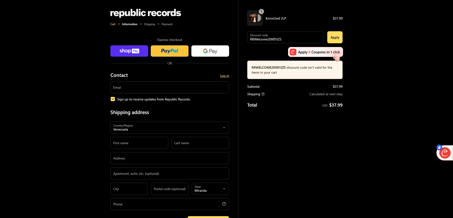 Republic Records discount code screenshot showing code RRWelcome20X8YJZS applied at Republic Records checkout page. Uploaded by SimplyCodes community member Dorothy on Jul 8, 2025