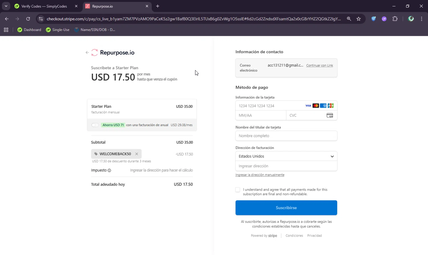 Repurpose.io promo code screenshot showing code WELCOMEBACK50 applied at Repurpose.io checkout page. Uploaded by SimplyCodes community member BudgetWizard6950 on Sep 28, 2025