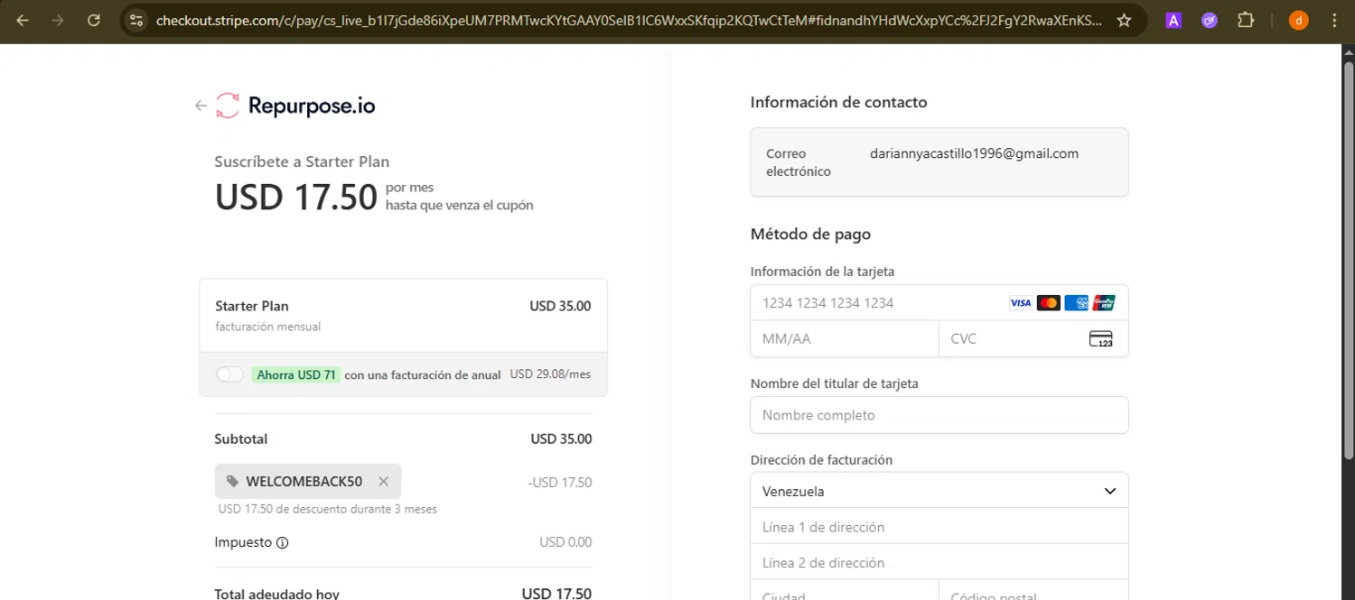 Repurpose.io promo code screenshot showing code WELCOMEBACK50 applied at Repurpose.io checkout page. Uploaded by SimplyCodes community member PennyAdmiral6960 on Oct 27, 2025