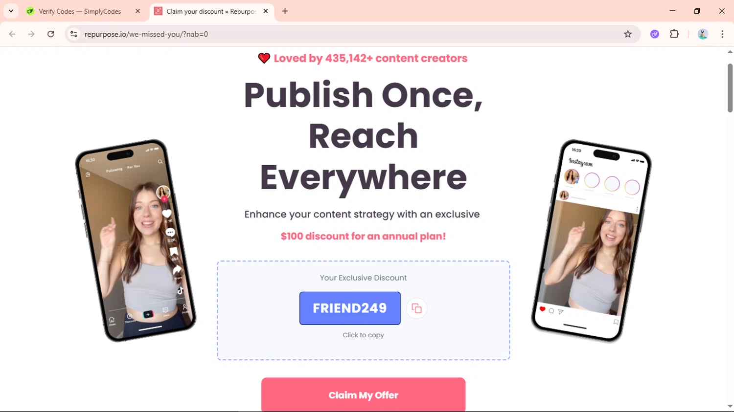 Repurpose.io promo code screenshot showing code FRIEND249 applied at Repurpose.io checkout page. Uploaded by SimplyCodes community member Aguaita_coco on Nov 27, 2025