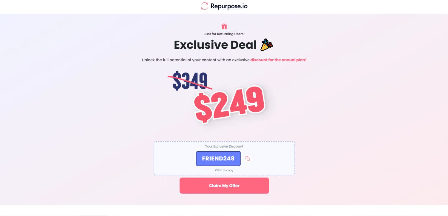 Repurpose.io promo code screenshot showing code FRIEND249 applied at Repurpose.io checkout page. Uploaded by SimplyCodes community member Elosox1 on Oct 28, 2025