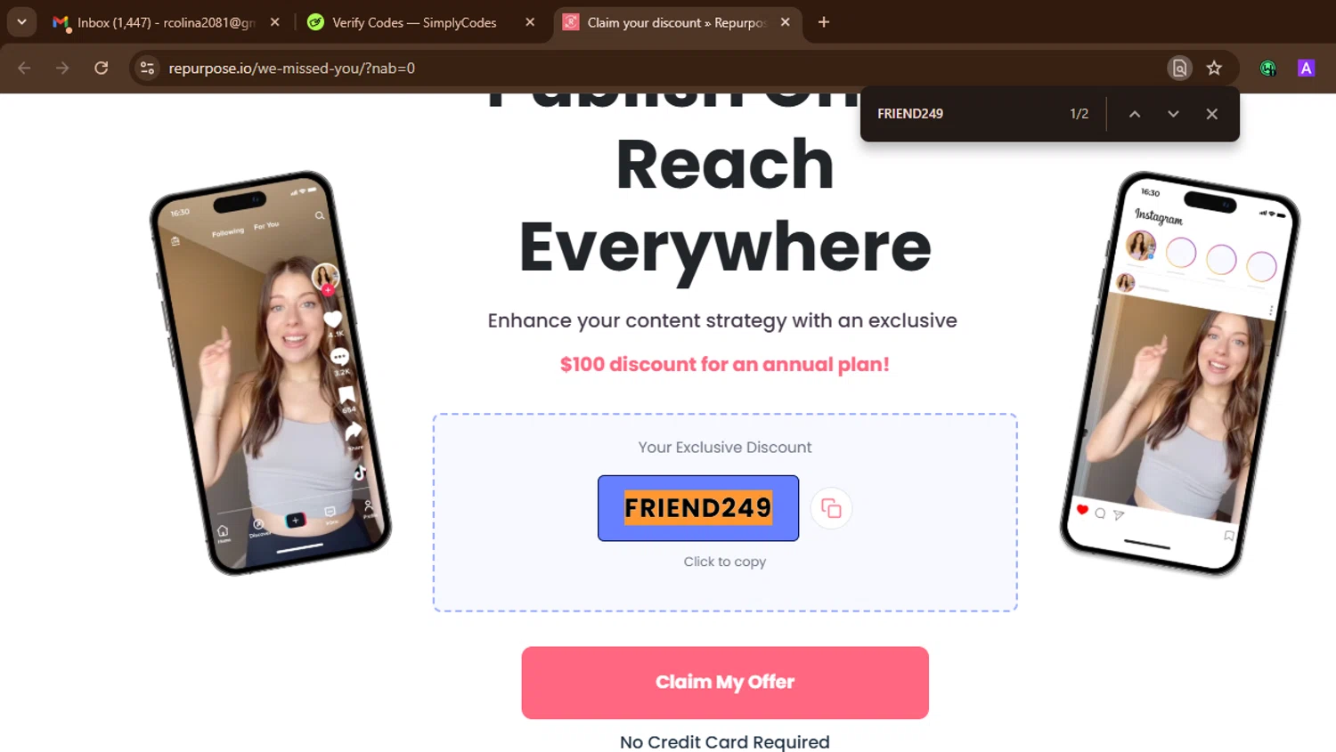 Repurpose.io promo code screenshot showing code FRIEND249 applied at Repurpose.io checkout page. Uploaded by SimplyCodes community member SnoopDogg on Nov 8, 2025