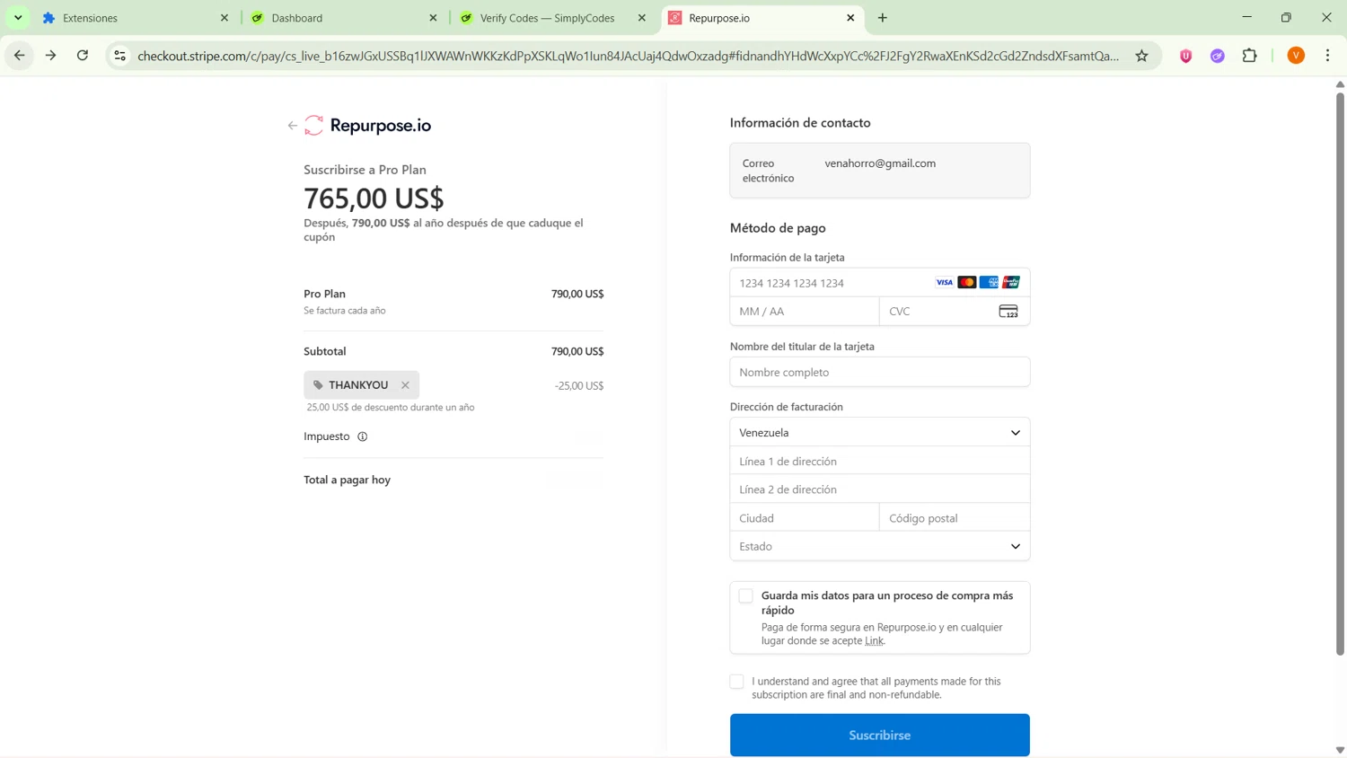 Repurpose.io promo code screenshot showing code THANKYOU applied at Repurpose.io checkout page. Uploaded by SimplyCodes community member ExtraordinarySaver9637 on Jan 11, 2026