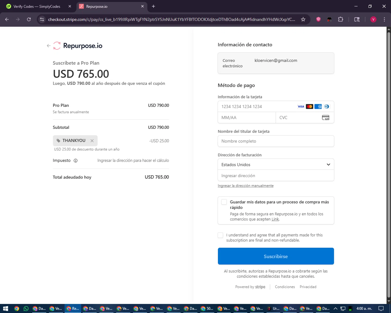 Repurpose.io checkout page showing Repurpose.io promo code box | Screenshot taken by SimplyCodes community member on Jan 29, 2026