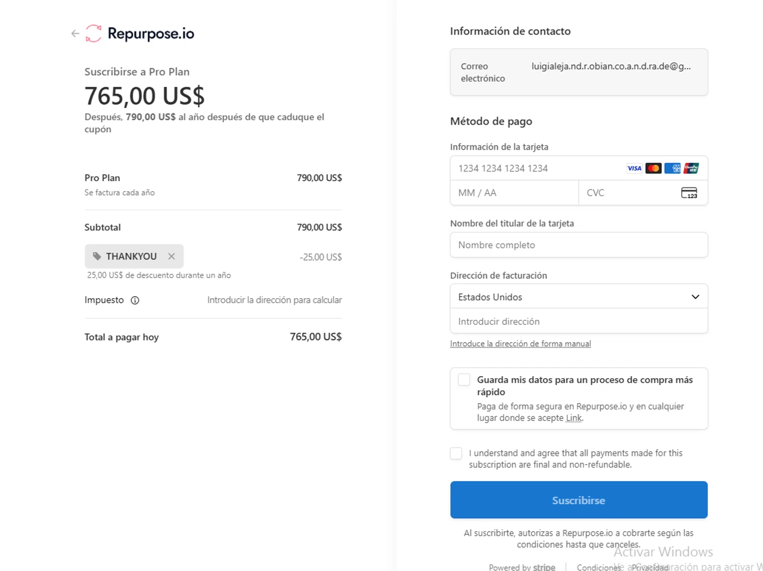 Repurpose.io promo code screenshot showing code THANKYOU applied at Repurpose.io checkout page. Uploaded by SimplyCodes community member hola_bebe on Dec 30, 2025