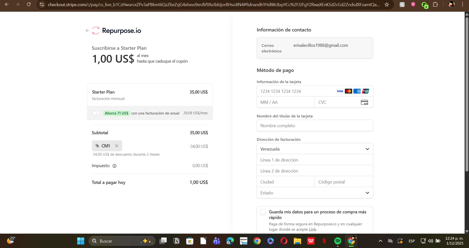 Repurpose.io promo code screenshot showing code CM1 applied at Repurpose.io checkout page. Uploaded by SimplyCodes community member ERI0810 on Dec 1, 2025