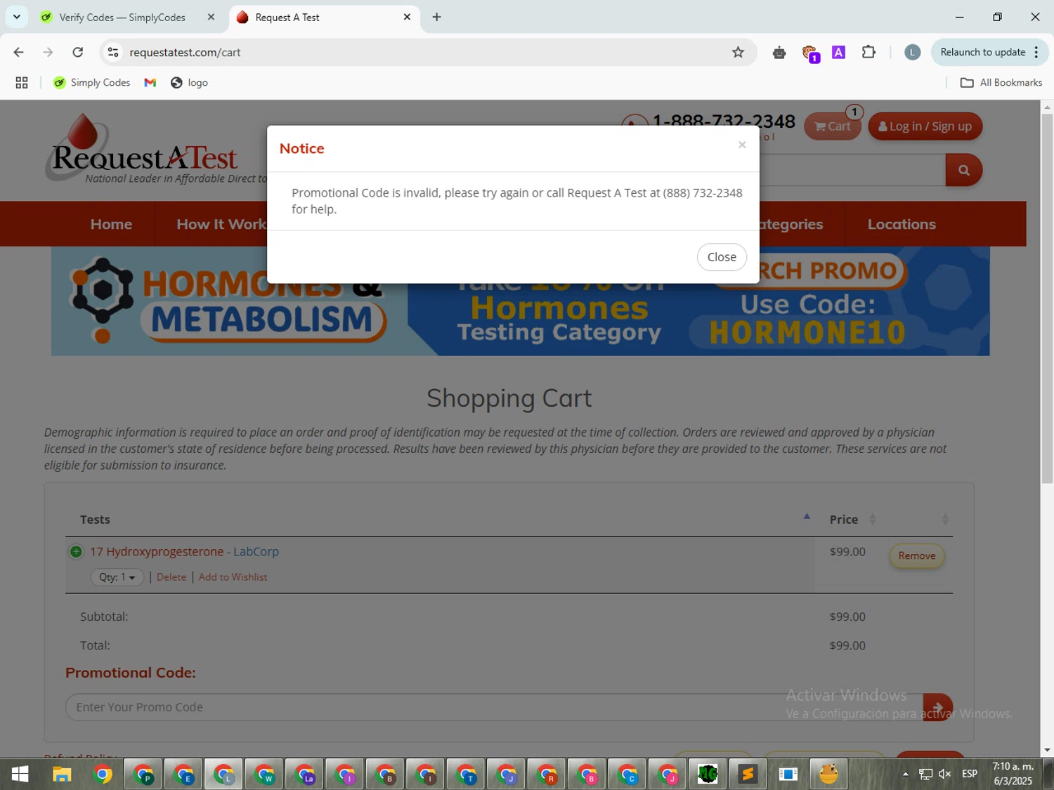 Request A Test promo code screenshot showing code HEART10 applied at Request A Test checkout page. Uploaded by SimplyCodes community member SmartSpotter5969 on Mar 6, 2025