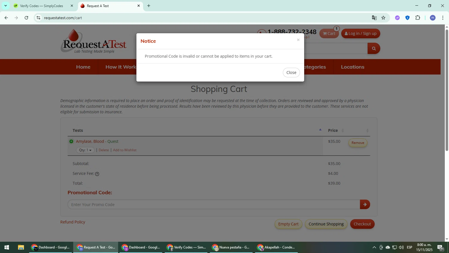 Request A Test promo code screenshot showing code WELL10 applied at Request A Test checkout page. Uploaded by SimplyCodes community member QuestDefender2661 on Nov 15, 2025