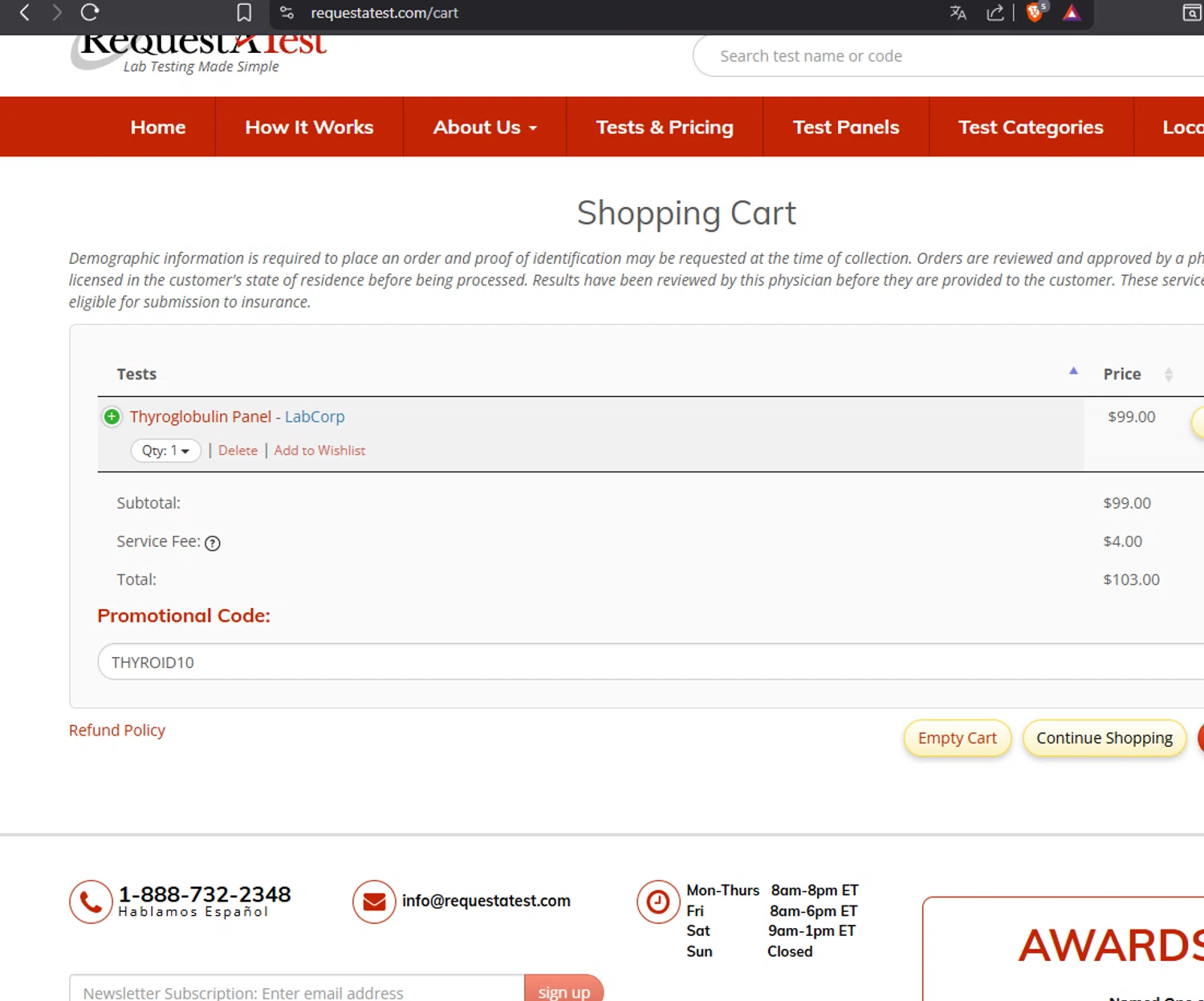Request A Test checkout page showing Request A Test promo code box | Screenshot taken by SimplyCodes community member on Jan 13, 2026