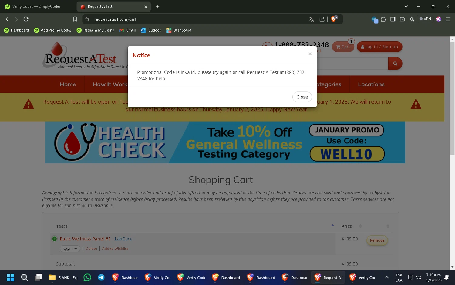 Request A Test promo code screenshot showing code LAST20 applied at Request A Test checkout page. Uploaded by SimplyCodes community member CleverKnight6759 on Jan 1, 2025