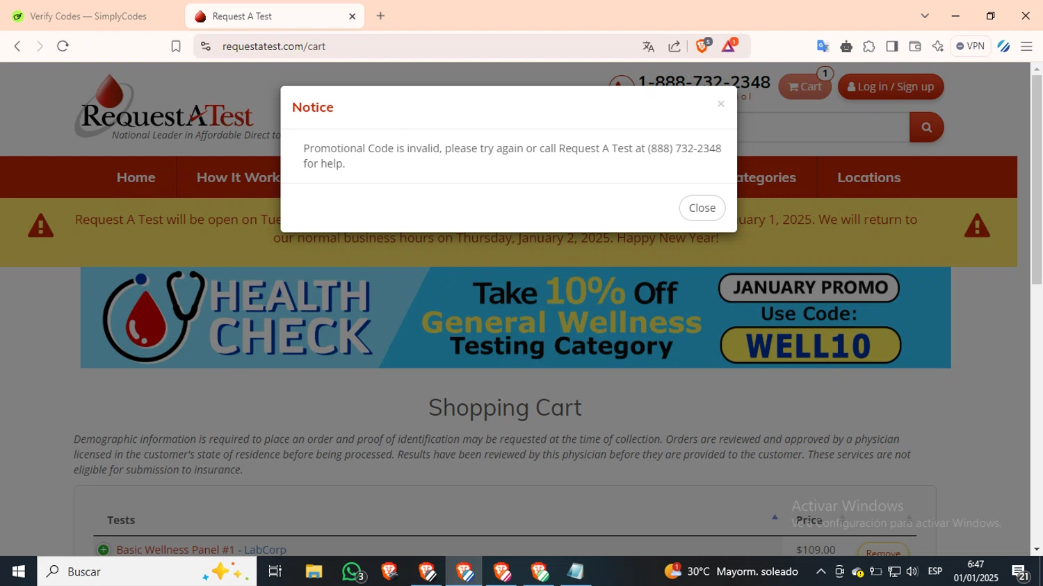 Request A Test promo code screenshot showing code LAST20 applied at Request A Test checkout page. Uploaded by SimplyCodes community member PennyMaverick9741 on Jan 1, 2025