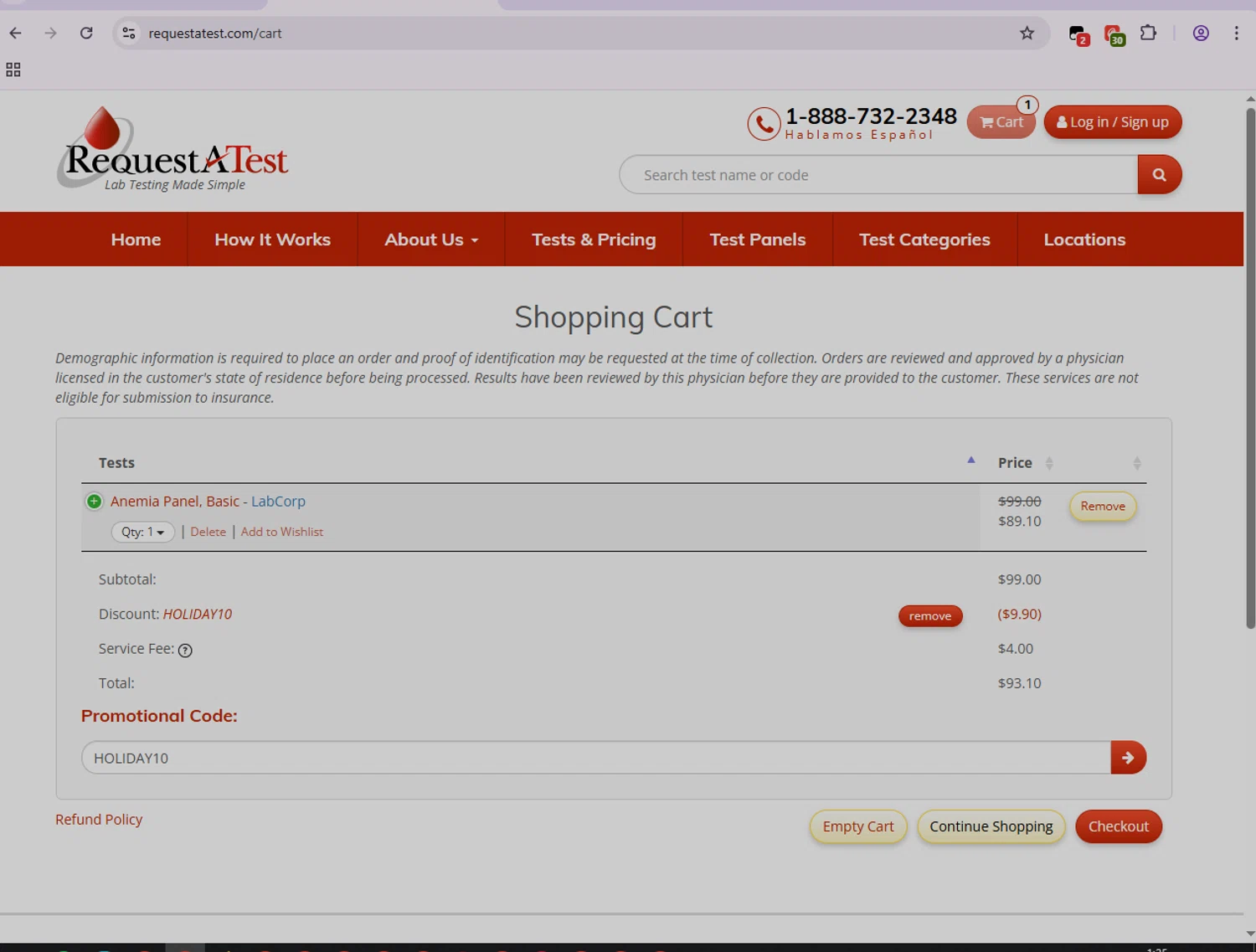 Request A Test promo code screenshot showing code HOLIDAY10 applied at Request A Test checkout page. Uploaded by SimplyCodes community member SmartPilot7926 on Dec 15, 2025