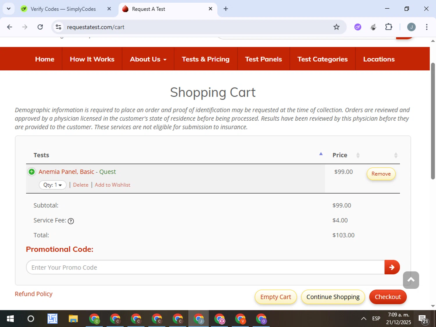 Request A Test promo code screenshot showing code HOLIDAY10 applied at Request A Test checkout page. Uploaded by SimplyCodes community member ValueTracker8384 on Dec 21, 2025