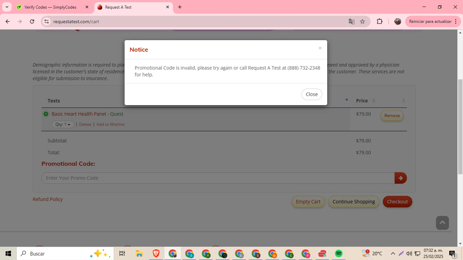 Request A Test promo code screenshot showing code HEART20 applied at Request A Test checkout page. Uploaded by SimplyCodes community member BargainExpert9390 on Feb 25, 2025