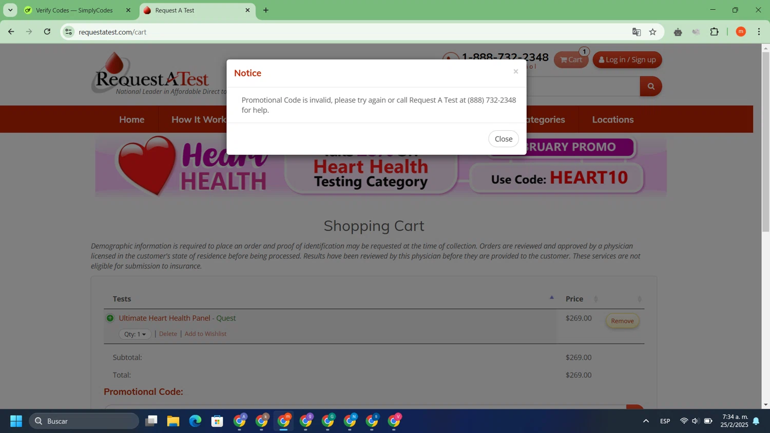 Request A Test promo code screenshot showing code HEART20 applied at Request A Test checkout page. Uploaded by SimplyCodes community member WonderSaver3331 on Feb 25, 2025