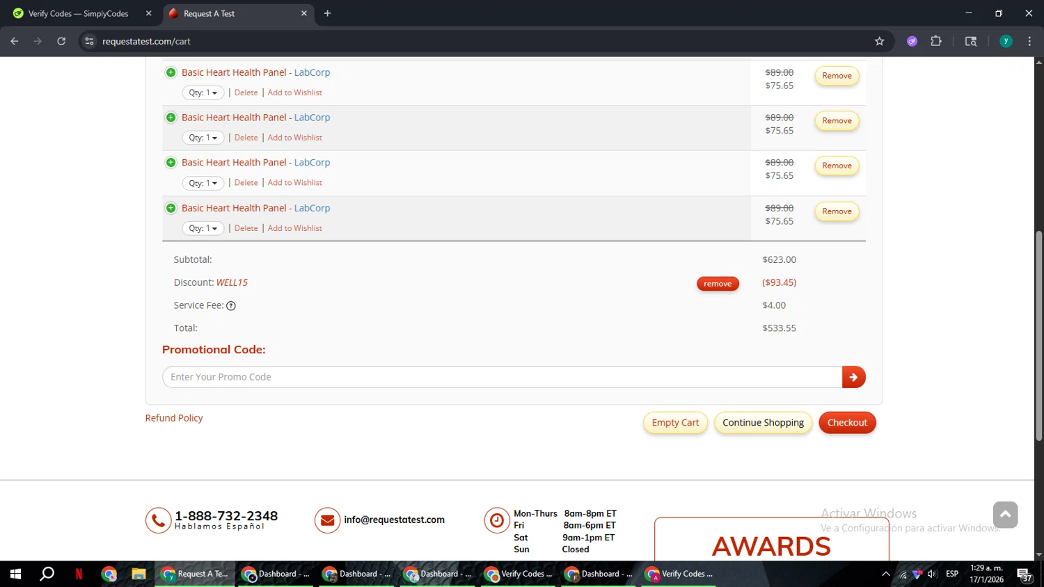 Request A Test checkout page showing Request A Test promo code box | Screenshot taken by SimplyCodes community member on Jan 17, 2026