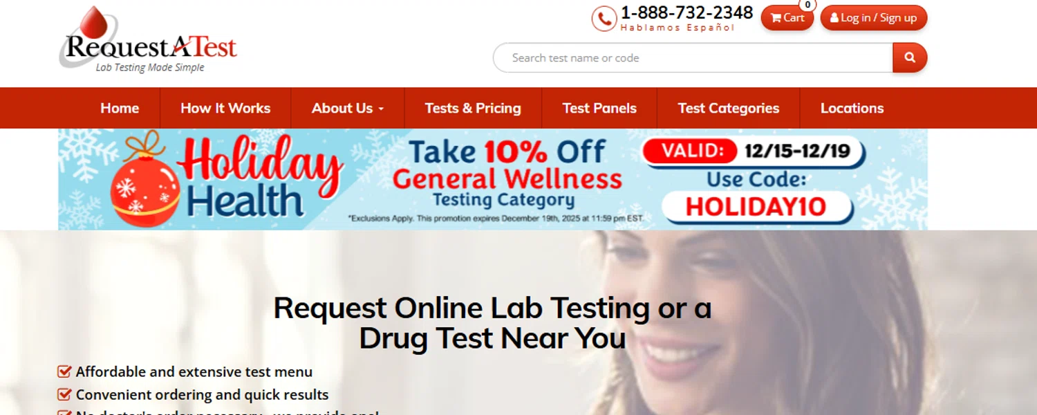 Request A Test promo code screenshot showing code HOLIDAY10 applied at Request A Test checkout page. Uploaded by SimplyCodes community member DORIANGEL on Dec 15, 2025