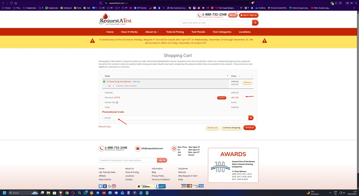Request A Test promo code screenshot showing code LAST20 applied at Request A Test checkout page. Uploaded by SimplyCodes community member UnkNownVnzla on Dec 26, 2025