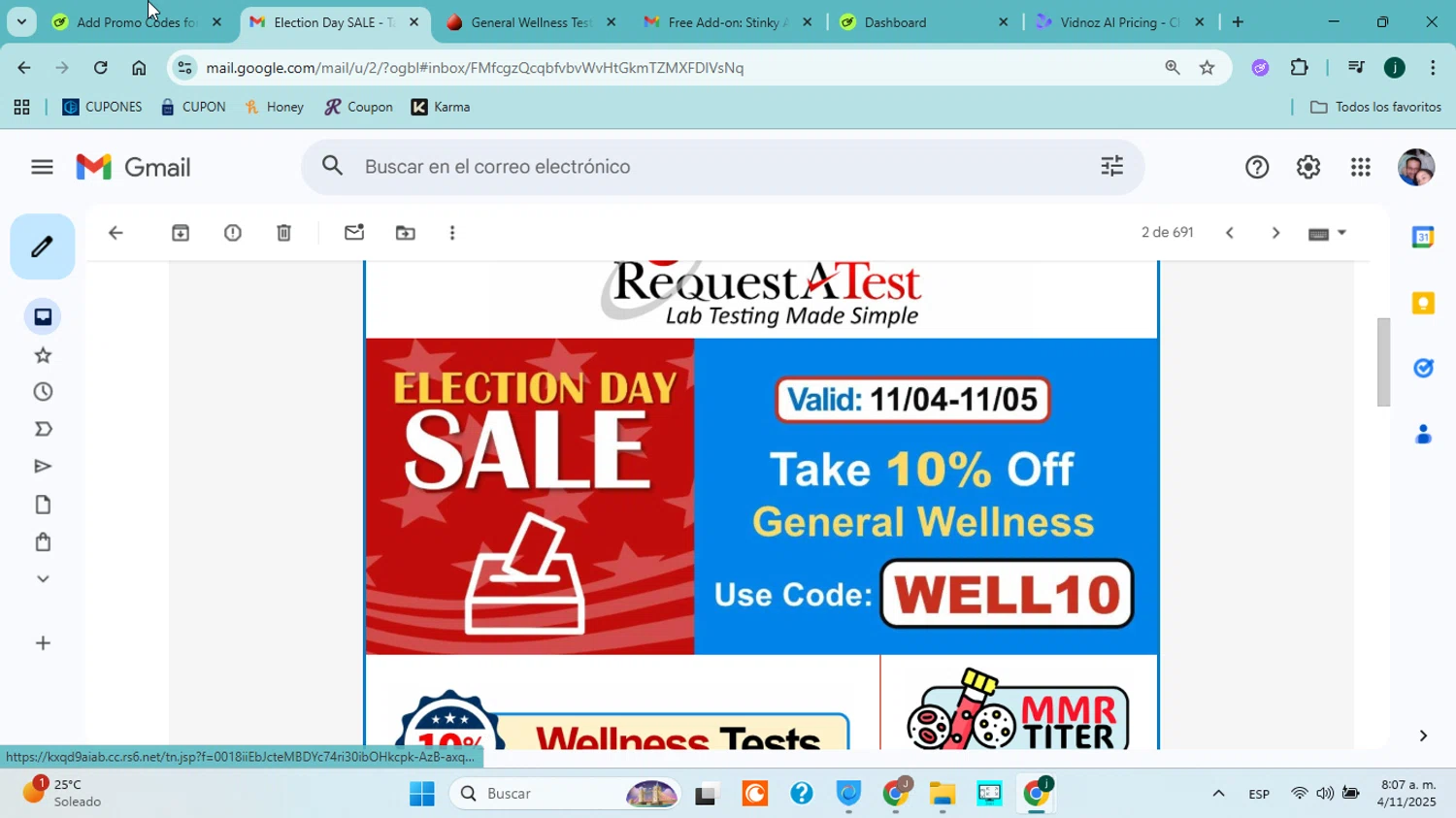 Request A Test promo code screenshot showing code WELL10 applied at Request A Test checkout page. Uploaded by SimplyCodes community member jorgejavierherrera on Nov 4, 2025