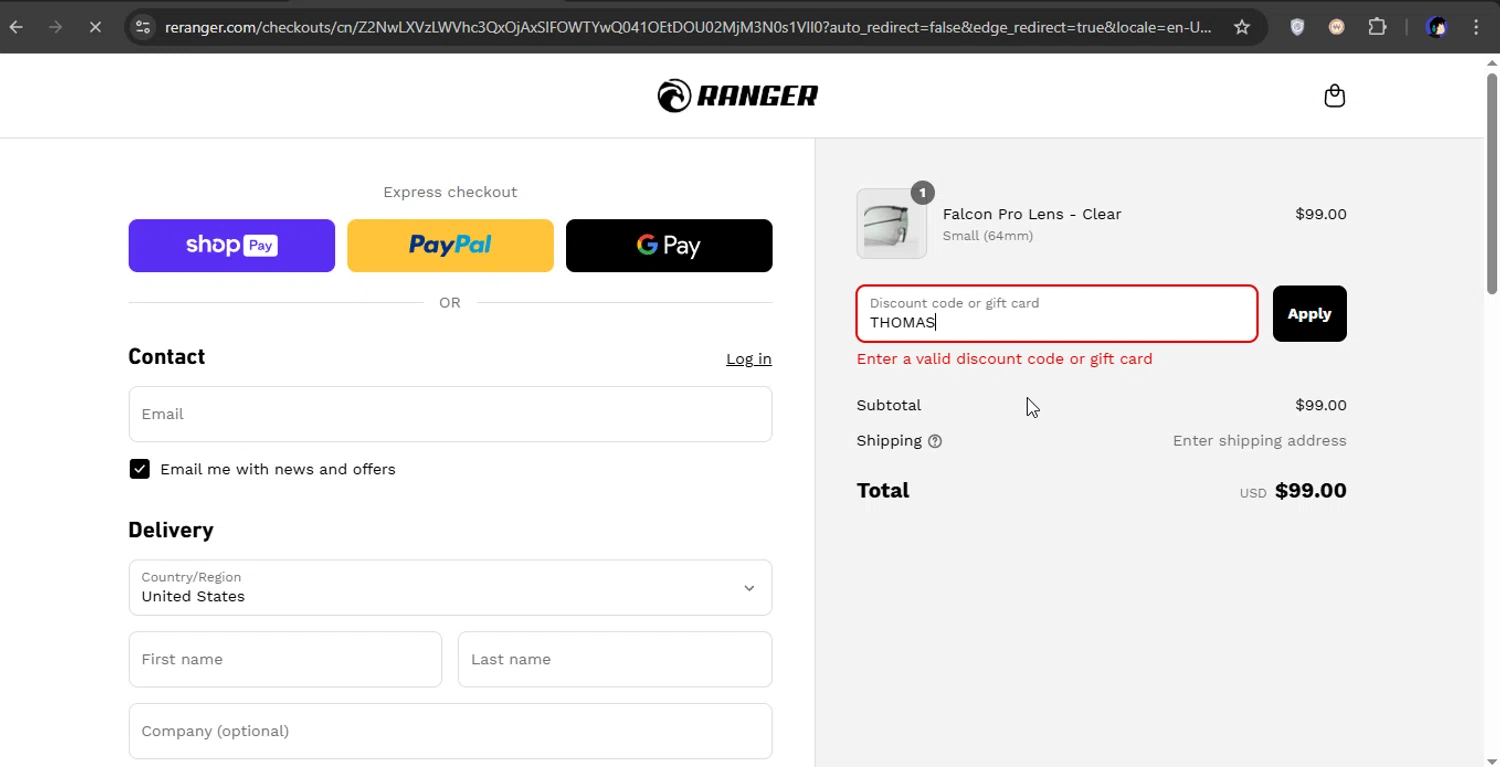 RE Ranger discount code screenshot showing code THOMAS applied at RE Ranger checkout page. Uploaded by SimplyCodes community member xXSATOXx on Mar 31, 2025
