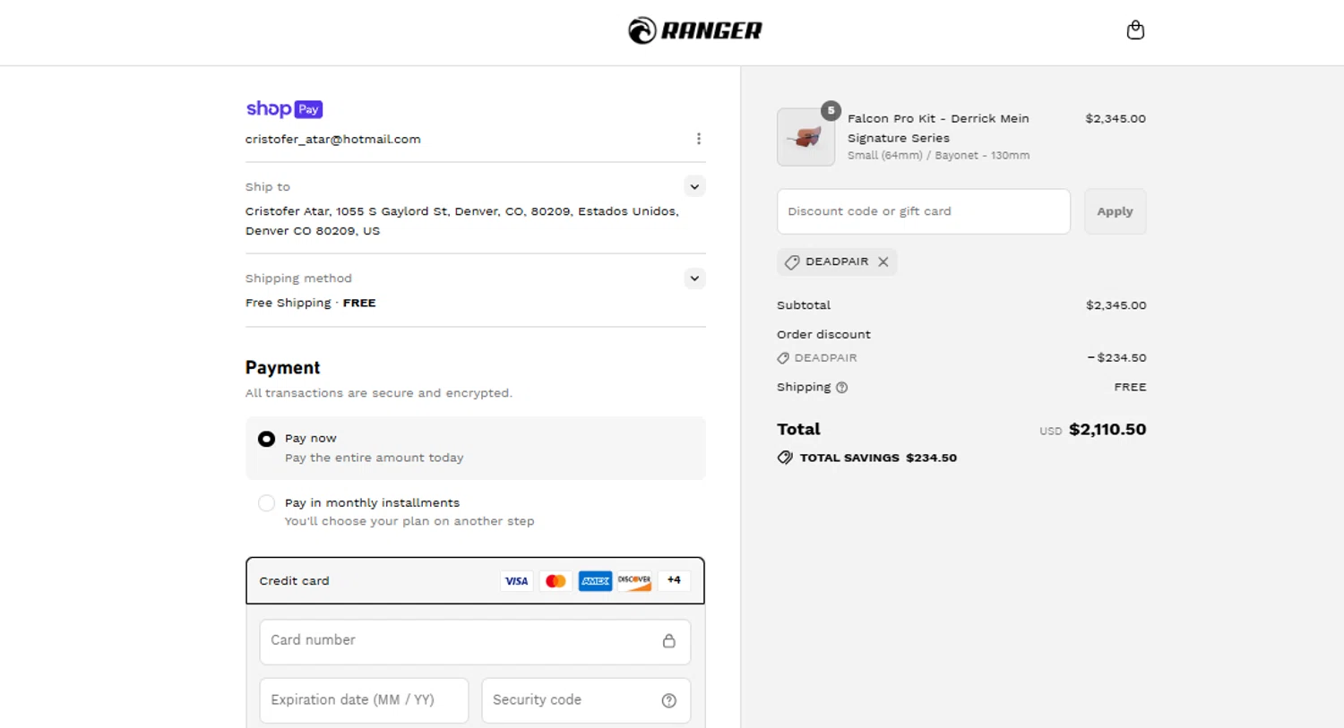 RE Ranger discount code screenshot showing code DEADPAIR applied at RE Ranger checkout page. Uploaded by SimplyCodes community member MariAPB on Jul 15, 2025