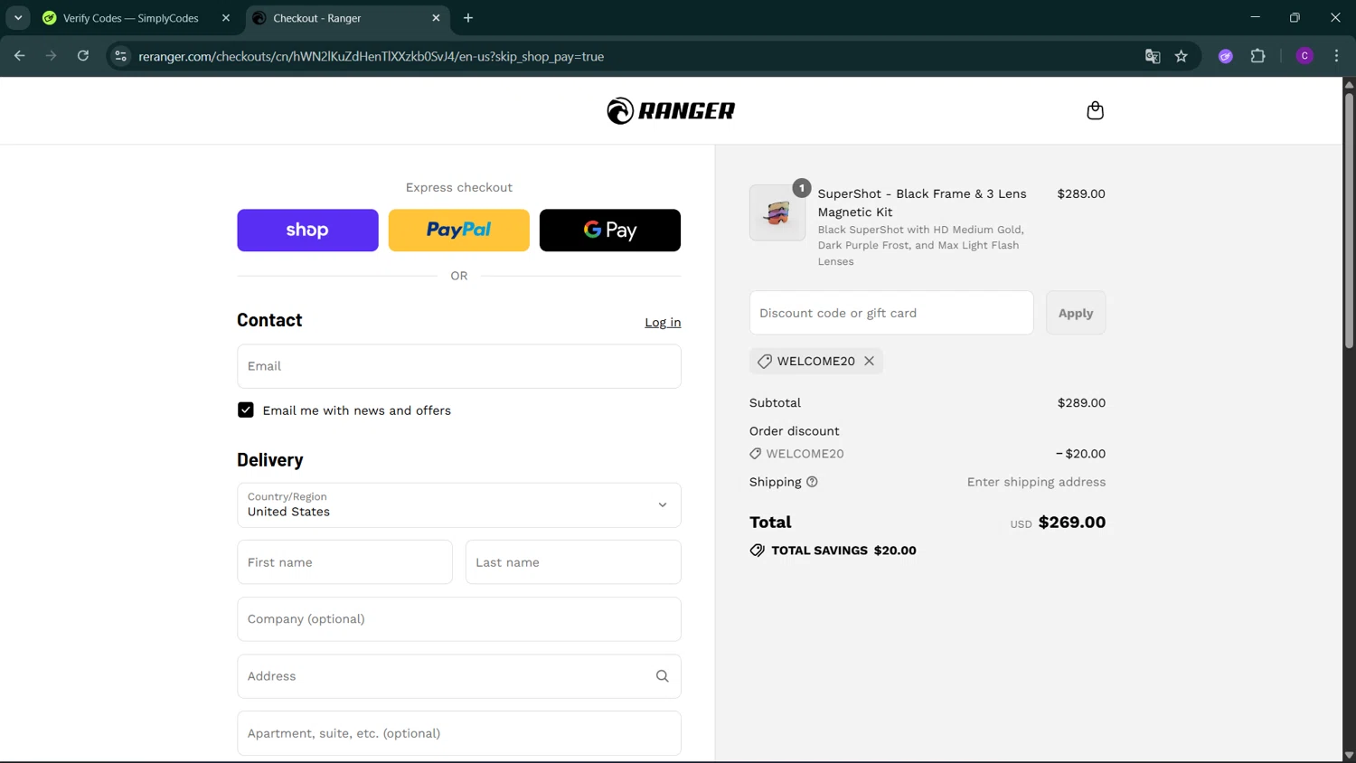 RE Ranger discount code screenshot showing code WELCOME20 applied at RE Ranger checkout page. Uploaded by SimplyCodes community member GoldSeeker3096 on Sep 9, 2025