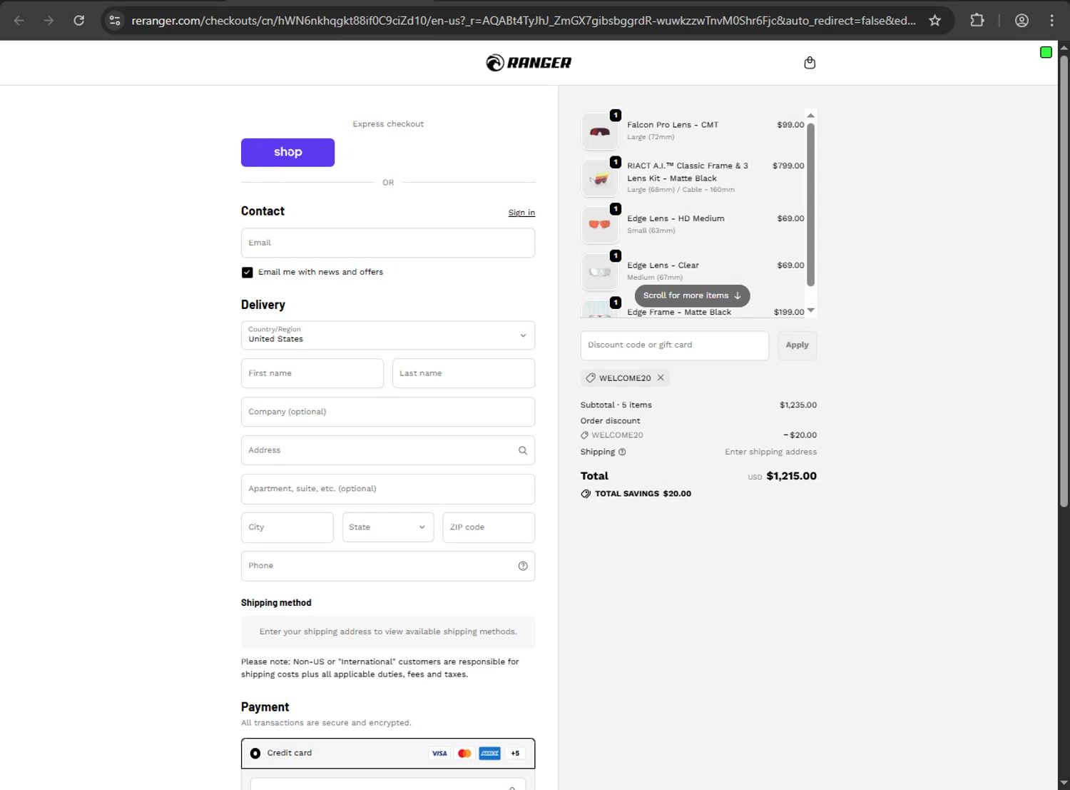 RE Ranger discount code screenshot showing code WELCOME20 applied at RE Ranger checkout page. Uploaded by SimplyCodes community member VictoriousDefender1681 on Dec 24, 2025
