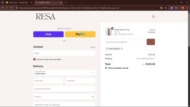 RESA checkout page showing RESA discount code box | Screenshot taken by SimplyCodes community member on Sep 8, 2025
