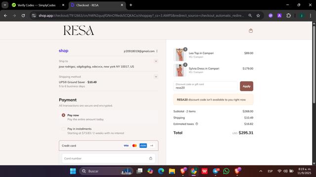 RESA checkout page showing RESA discount code box | Screenshot taken by SimplyCodes community member on Sep 11, 2025