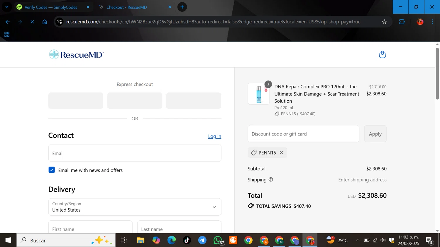 RescueMD promo code screenshot showing code PENN15 applied at RescueMD checkout page. Uploaded by SimplyCodes community member ELGOAT on Aug 25, 2025