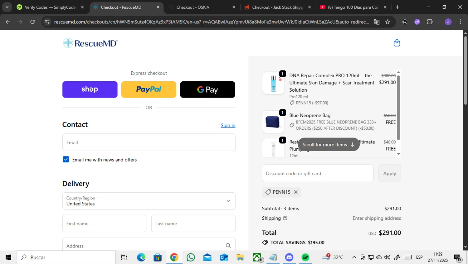 RescueMD promo code screenshot showing code PENN15 applied at RescueMD checkout page. Uploaded by SimplyCodes community member ENCARAMESSI on Nov 27, 2025