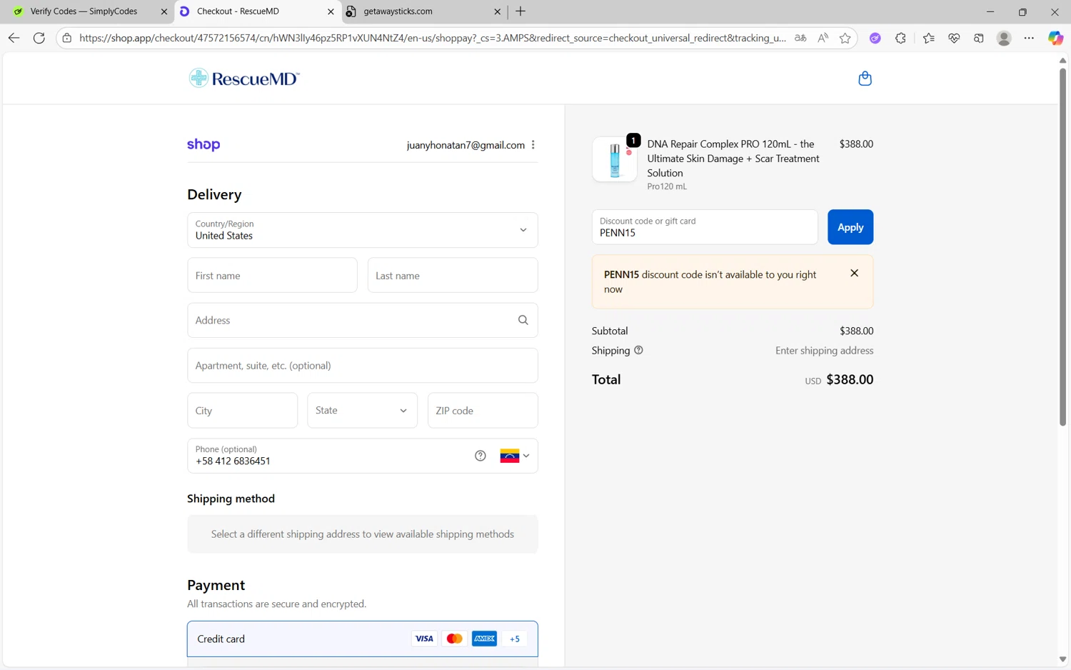 RescueMD promo code screenshot showing code PENN15 applied at RescueMD checkout page. Uploaded by SimplyCodes community member juan1702 on Oct 5, 2025
