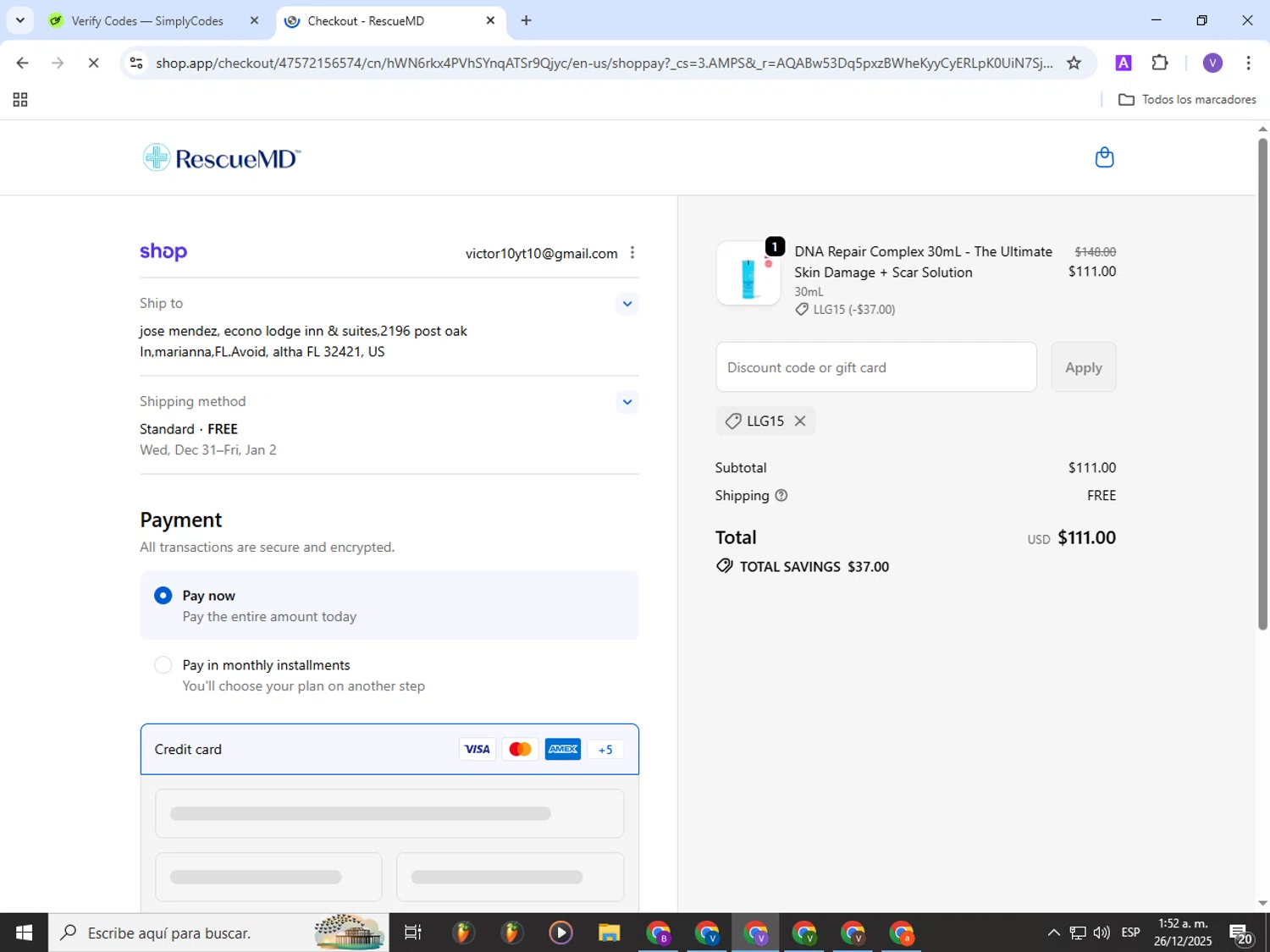 RescueMD promo code screenshot showing code LLG15 applied at RescueMD checkout page. Uploaded by SimplyCodes community member Gianpiero on Dec 26, 2025