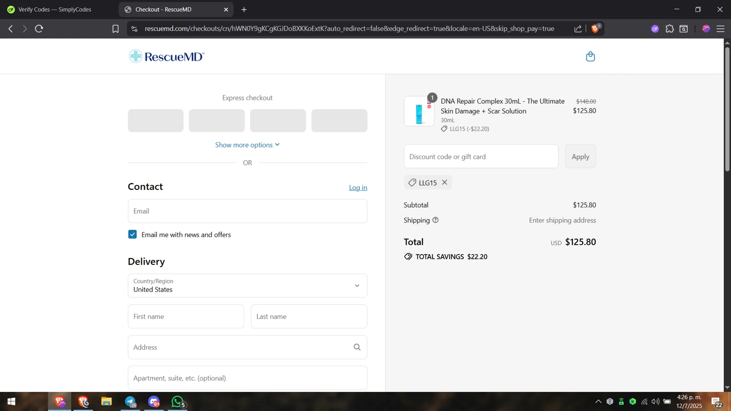 RescueMD promo code screenshot showing code LLG15 applied at RescueMD checkout page. Uploaded by SimplyCodes community member Henyo36 on Jul 12, 2025