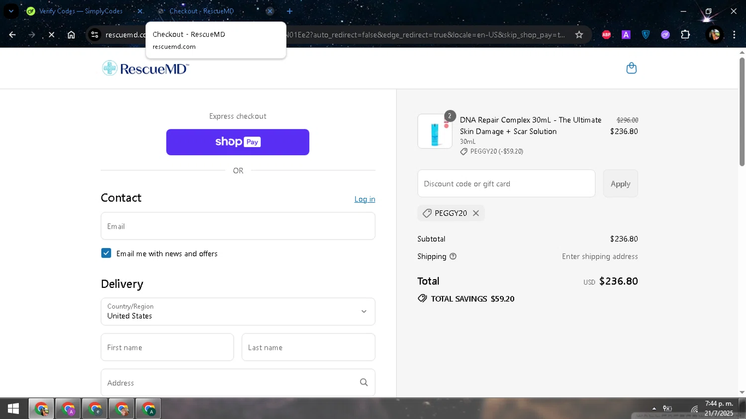 RescueMD promo code screenshot showing code PEGGY20 applied at RescueMD checkout page. Uploaded by SimplyCodes community member Simplycodes_ on Jul 21, 2025