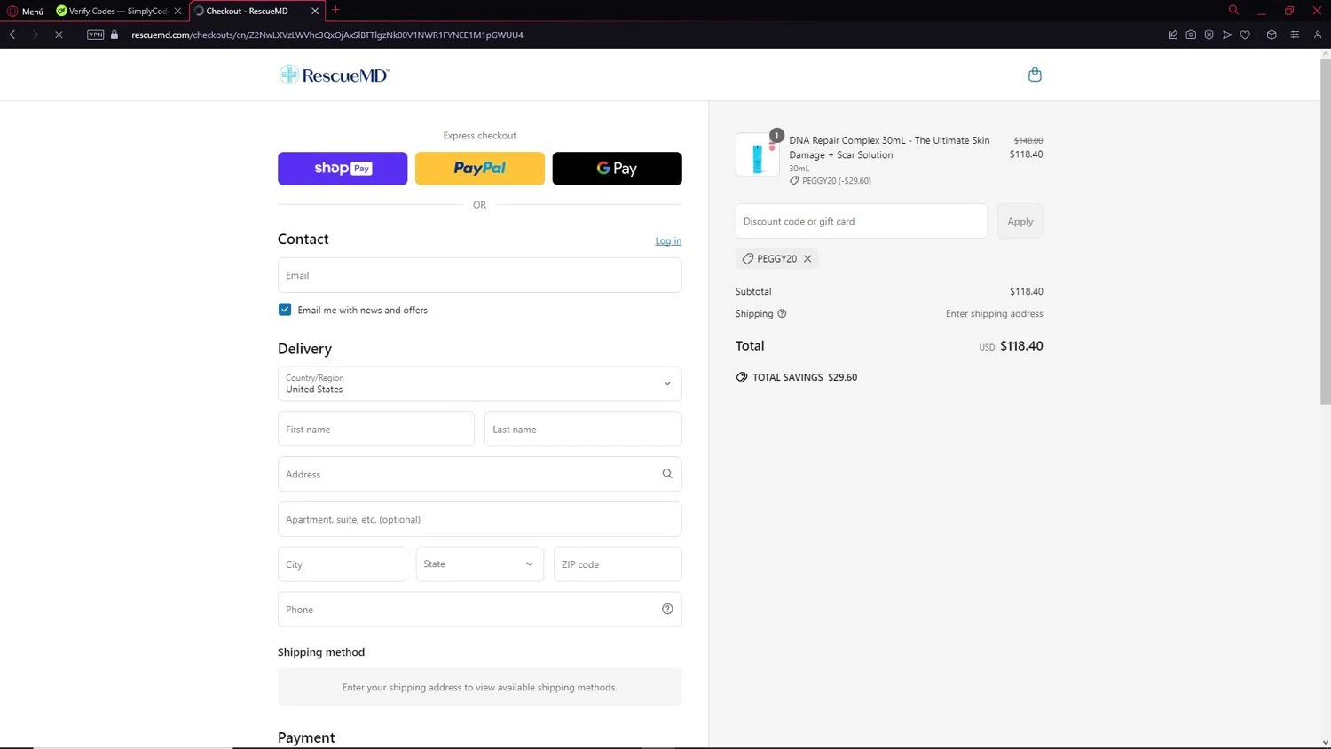 RescueMD promo code screenshot showing code PEGGY20 applied at RescueMD checkout page. Uploaded by SimplyCodes community member LegendarySeeker3956 on Mar 20, 2025