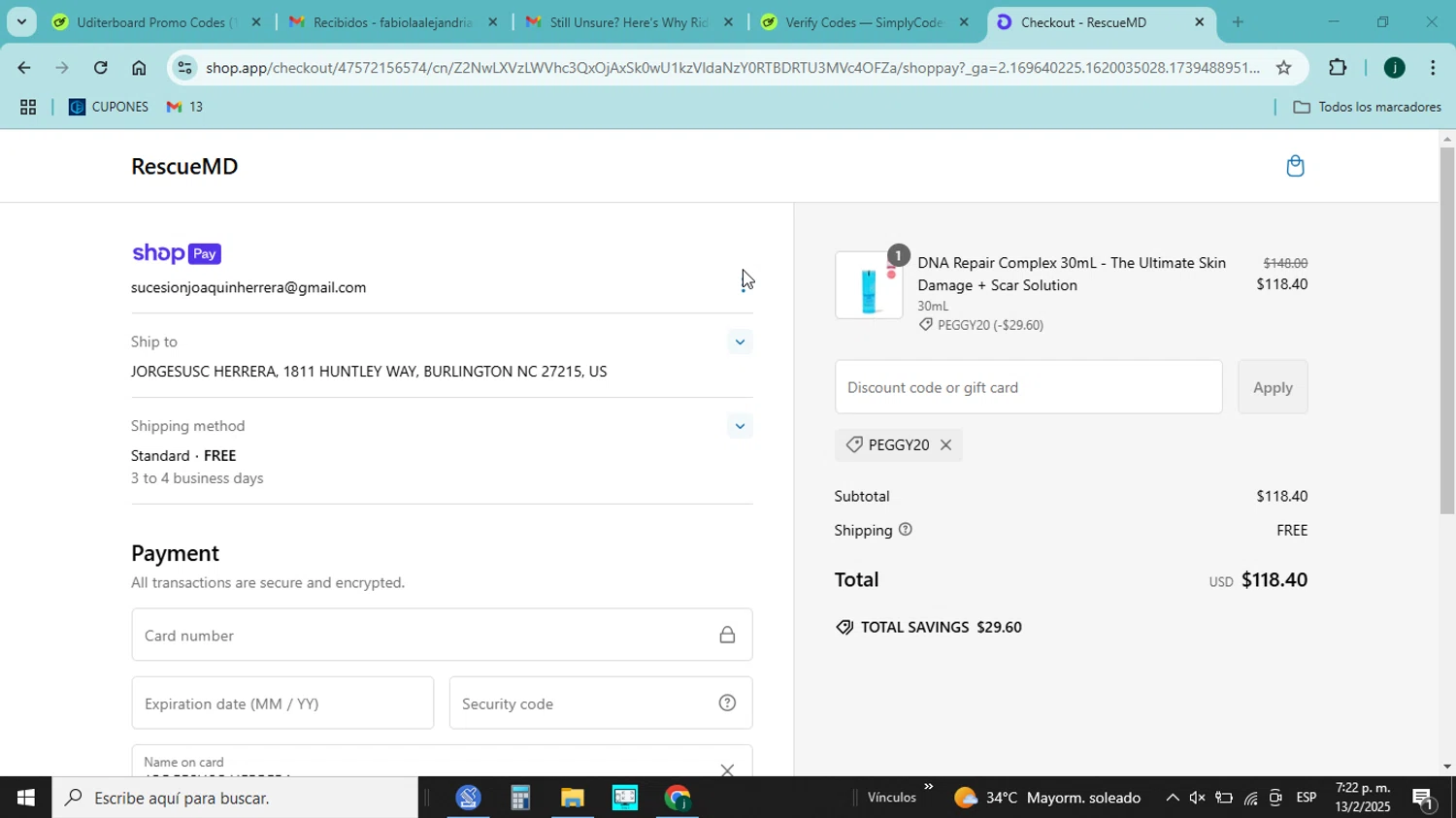 RescueMD promo code screenshot showing code PEGGY20 applied at RescueMD checkout page. Uploaded by SimplyCodes community member jorgejavierherrera on Feb 13, 2025