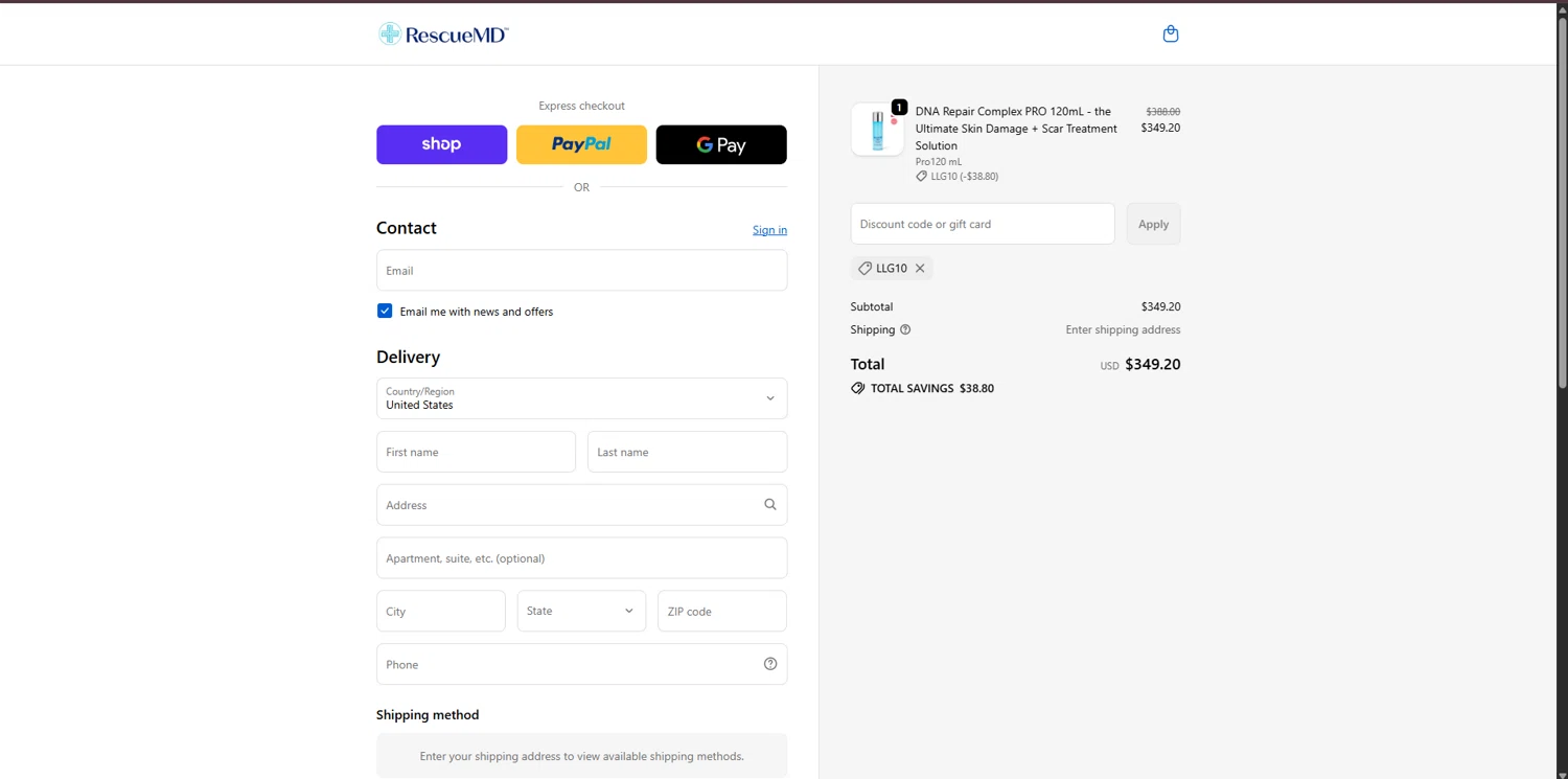 RescueMD promo code screenshot showing code LLG10 applied at RescueMD checkout page. Uploaded by SimplyCodes community member TreasureHero9595 on Oct 5, 2025