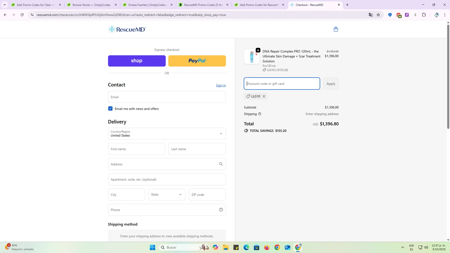 RescueMD promo code screenshot showing code LLG10 applied at RescueMD checkout page. Uploaded by SimplyCodes community member OriCarol on Oct 5, 2025