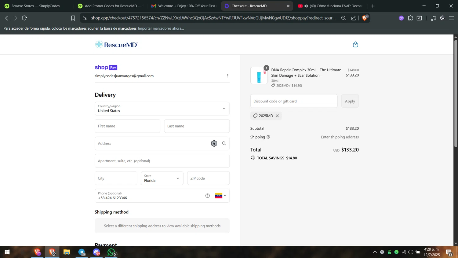 RescueMD promo code screenshot showing code 2025MD applied at RescueMD checkout page. Uploaded by SimplyCodes community member juanvargas1 on Jul 12, 2025