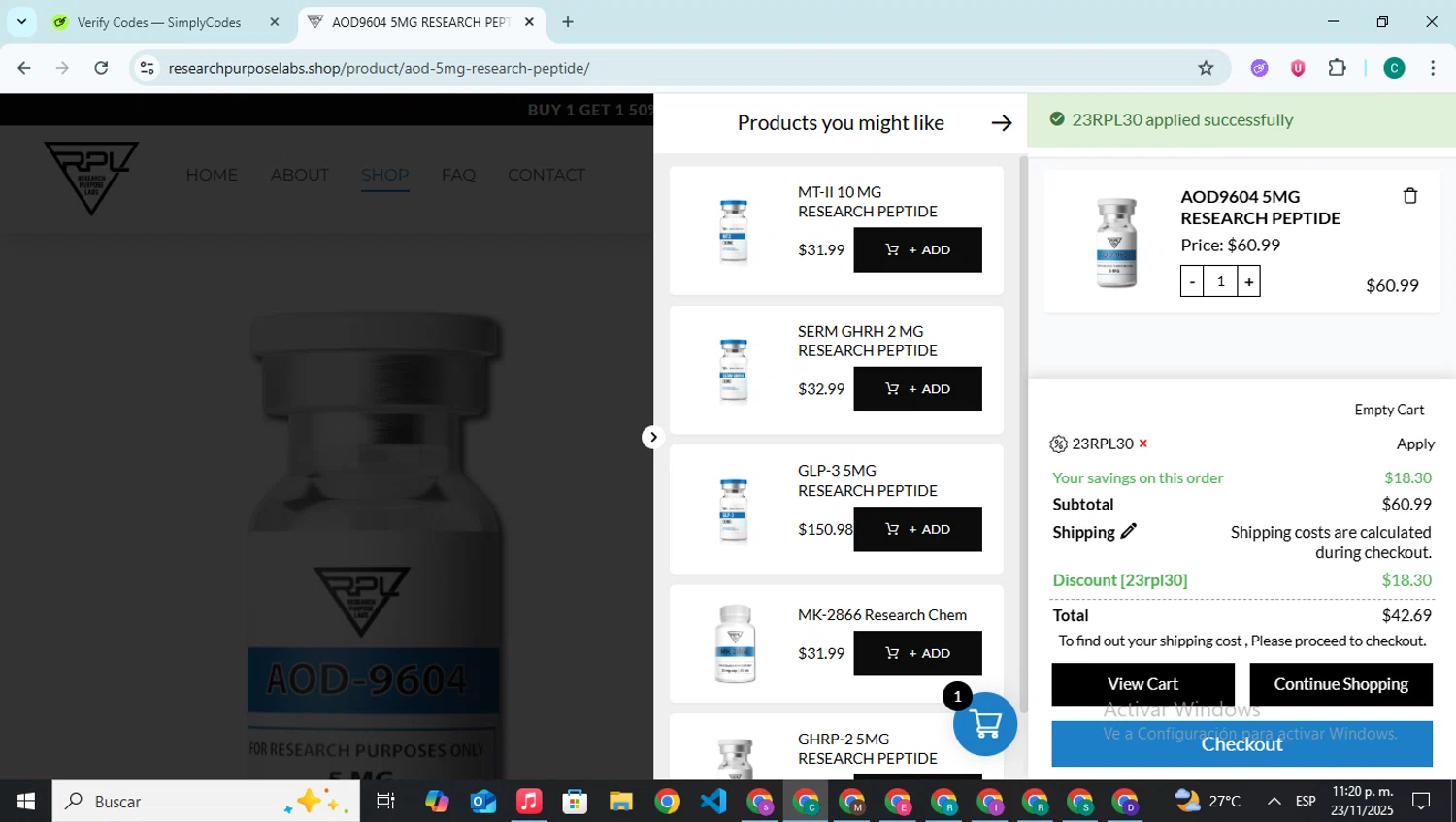 Research Purpose Labs coupon code screenshot showing code 23RPL30 applied at Research Purpose Labs checkout page. Uploaded by SimplyCodes community member BonusPilot927 on Nov 24, 2025