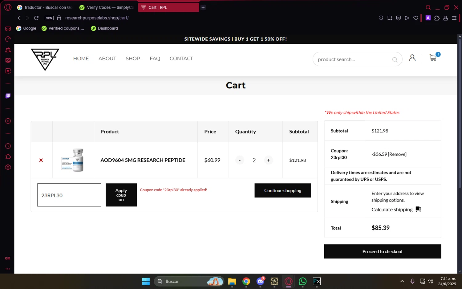 Research Purpose Labs coupon code screenshot showing code 23RPL30 applied at Research Purpose Labs checkout page. Uploaded by SimplyCodes community member LuckyVoyager5522 on Jun 24, 2025