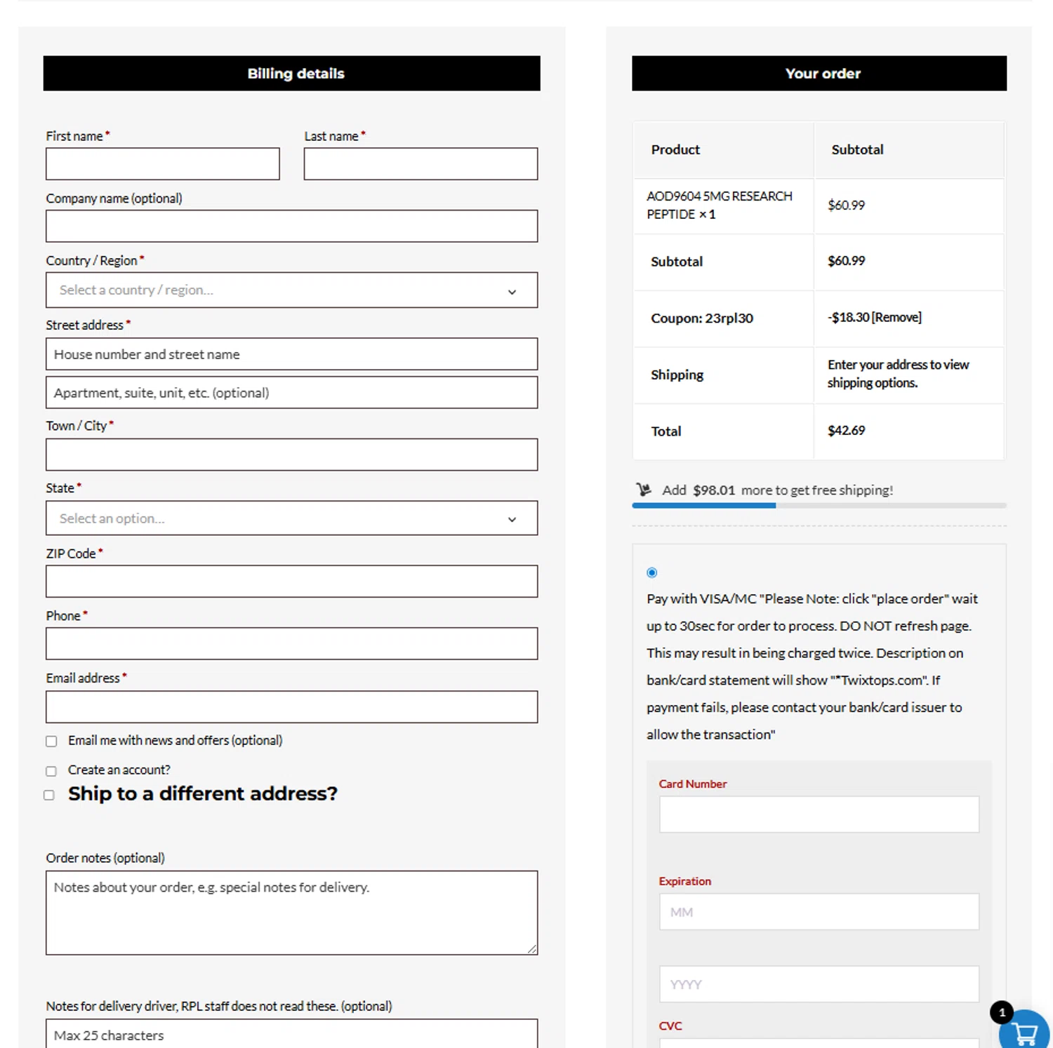 Research Purpose Labs coupon code screenshot showing code 23RPL30 applied at Research Purpose Labs checkout page. Uploaded by SimplyCodes community member reggiesmith on Jan 25, 2026