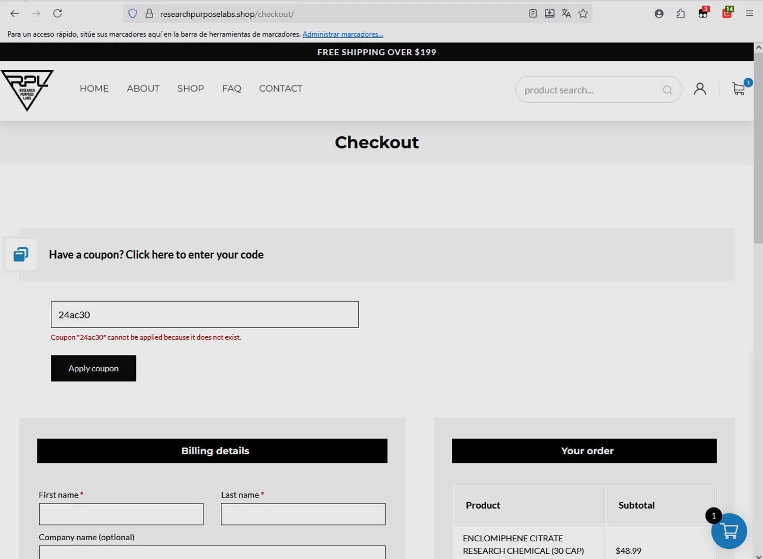 Research Purpose Labs coupon code screenshot showing code 24ac30 applied at Research Purpose Labs checkout page. Uploaded by SimplyCodes community member CleverFox1674 on Nov 11, 2025