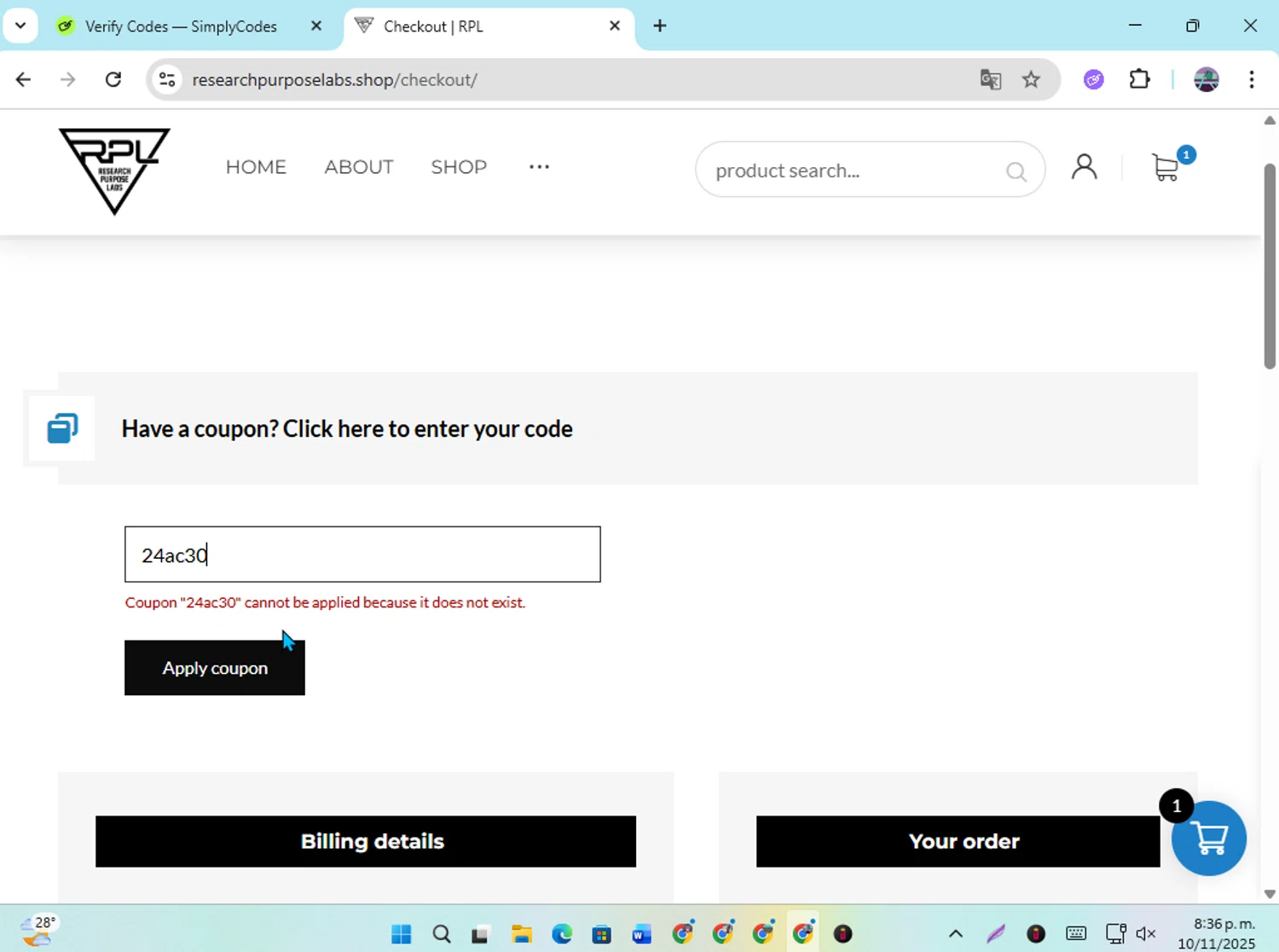 Research Purpose Labs coupon code screenshot showing code 24ac30 applied at Research Purpose Labs checkout page. Uploaded by SimplyCodes community member DiscountGenius6081 on Nov 11, 2025
