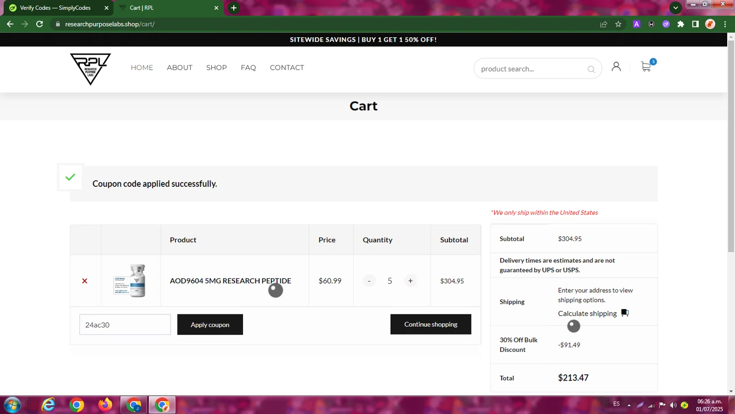 Research Purpose Labs checkout page showing Research Purpose Labs coupon code box | Screenshot taken by SimplyCodes community member on Jul 1, 2025
